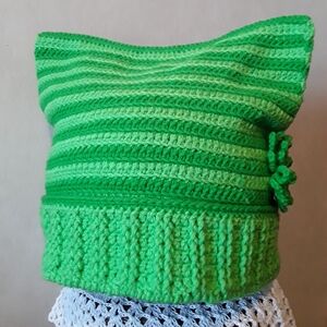 Handmade crochet striped green ribbed hat/winter hat/cat hat/green button flower